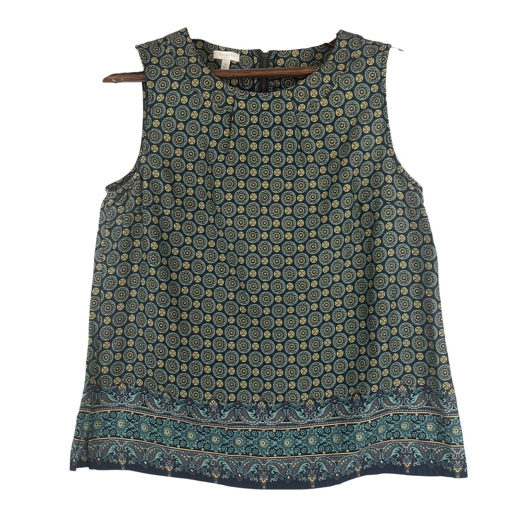 Talbots Womens M Sleeveless Boho Top Medallion Navy Teal Festival Tank Zipper - Picture 1 of 7